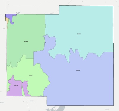 Yalobusha County MS ZIP code boundaries map