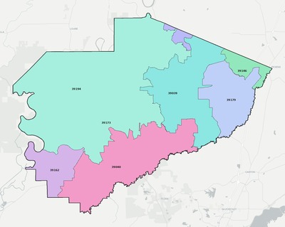 Yazoo County MS ZIP code boundaries map