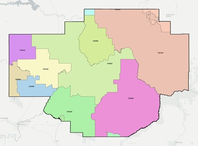 Chouteau County MT ZIP code boundaries map