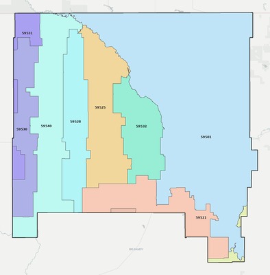 Hill County MT ZIP code boundaries map