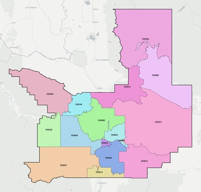 Missoula County MT ZIP code map preview