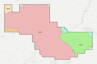 Prairie County MT ZIP code boundaries map