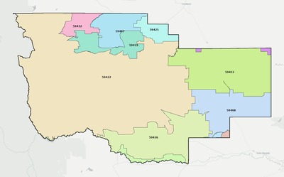 Teton County MT ZIP code boundaries map