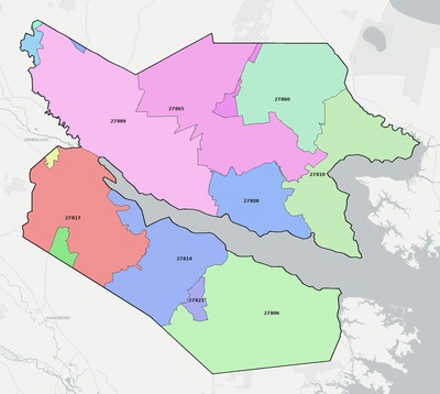 Beaufort County NC ZIP code boundaries map
