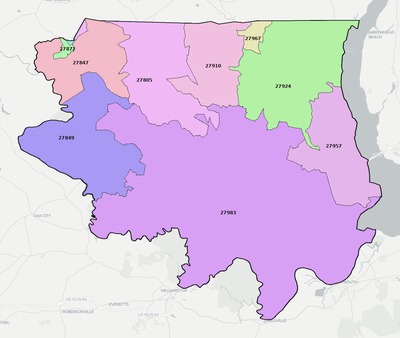 Bertie County NC ZIP code boundaries map