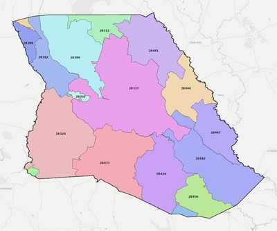 Bladen County NC ZIP code boundaries map