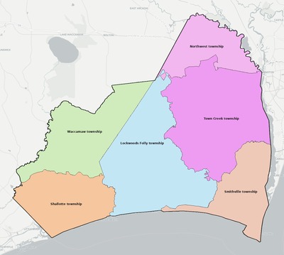 Brunswick County NC townships and subdivisions map