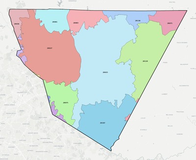 Cabarrus County NC ZIP code boundaries map