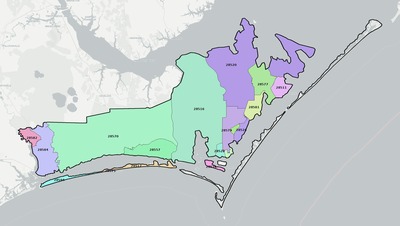 Carteret County NC ZIP code boundaries map