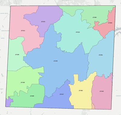 Caswell County NC ZIP code boundaries map