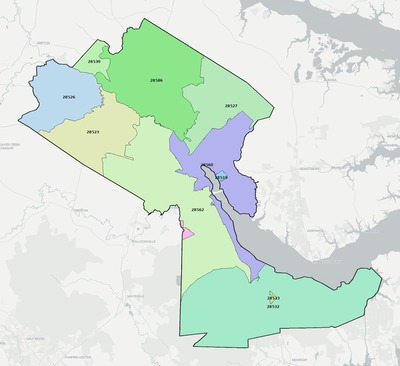 Craven County NC ZIP code boundaries map