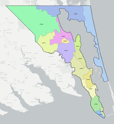 Currituck County NC ZIP code boundaries map
