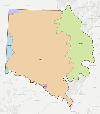 Davie County NC ZIP code boundaries map