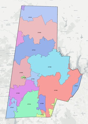 Durham County NC ZIP code boundaries map