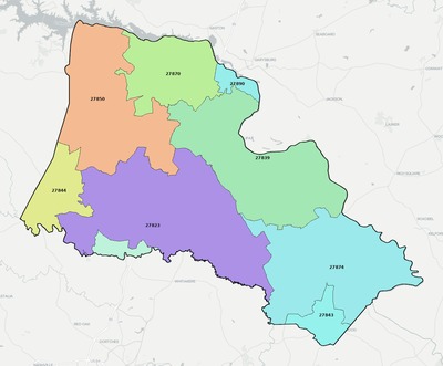 Halifax County NC ZIP code boundaries map