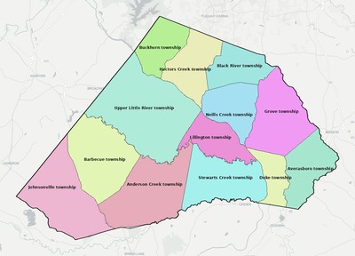 Harnett County NC townships and subdivisions map