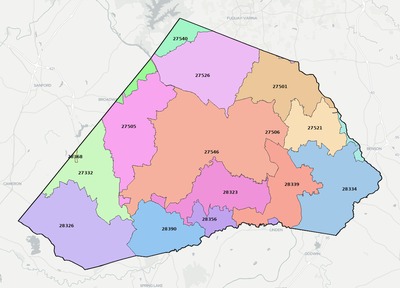 Harnett County NC ZIP code boundaries map