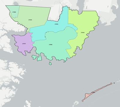 Hyde County NC ZIP code boundaries map