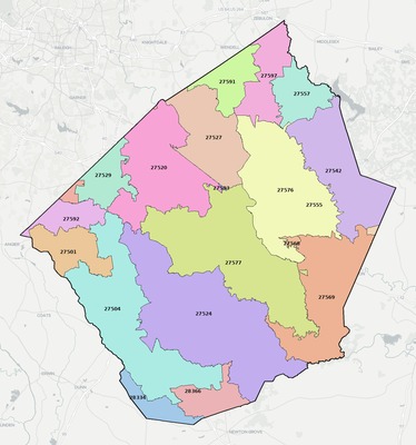 Johnston County NC ZIP code boundaries map