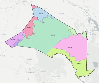 Jones County NC ZIP code boundaries map