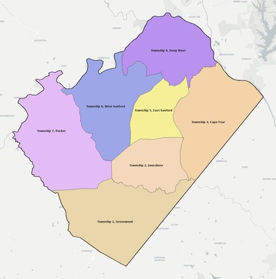 Lee County NC townships and subdivisions map
