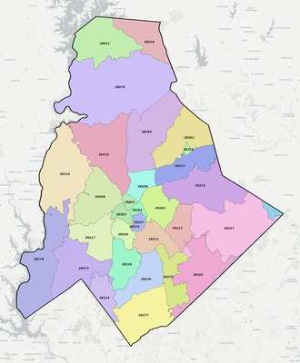 Mecklenburg County NC ZIP code boundaries map