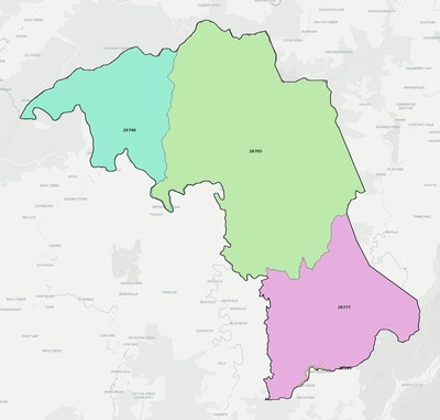 Mitchell County NC ZIP code boundaries map