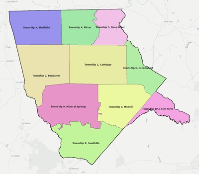 Moore County NC townships and subdivisions map
