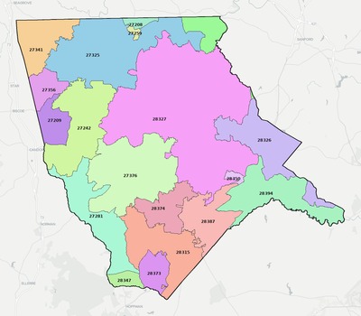 Moore County NC ZIP code boundaries map
