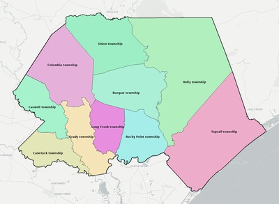 Pender County NC townships and subdivisions map