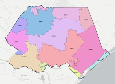 Pender County NC ZIP code boundaries map