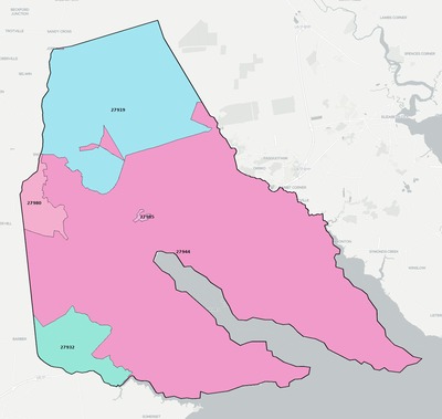 Perquimans County NC ZIP code boundaries map