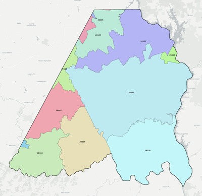 Stanly County NC ZIP code boundaries map