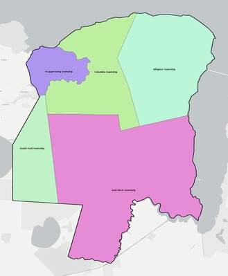Tyrrell County NC townships and subdivisions map