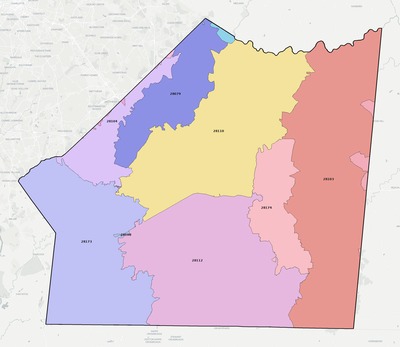 Union County NC ZIP code boundaries map