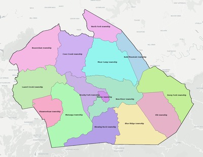 Watauga County NC townships and subdivisions map