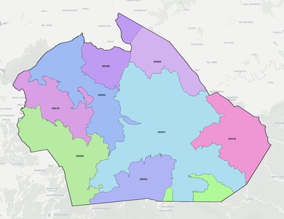 Watauga County NC ZIP code boundaries map