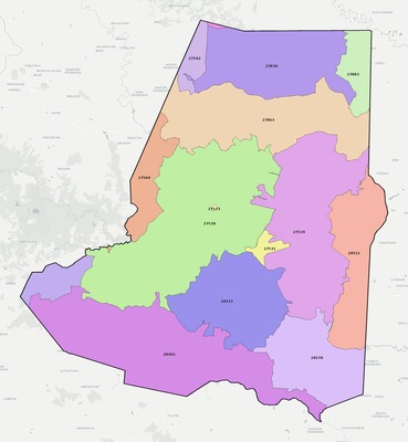 Wayne County NC ZIP code boundaries map