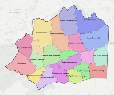 Wilkes County NC townships and subdivisions map