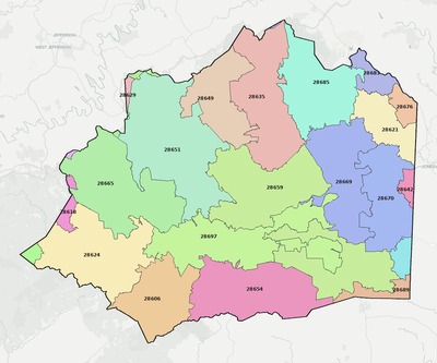 Wilkes County NC ZIP code boundaries map