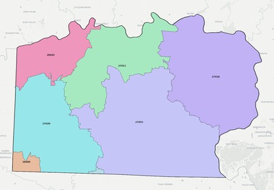 Yadkin County NC ZIP code boundaries map