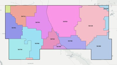 Bottineau County ND ZIP code boundaries map