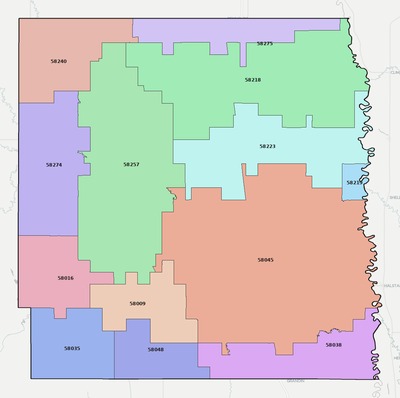 Traill County ND ZIP code boundaries map