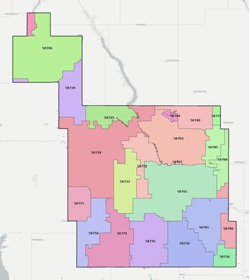 Ward County ND ZIP code boundaries map