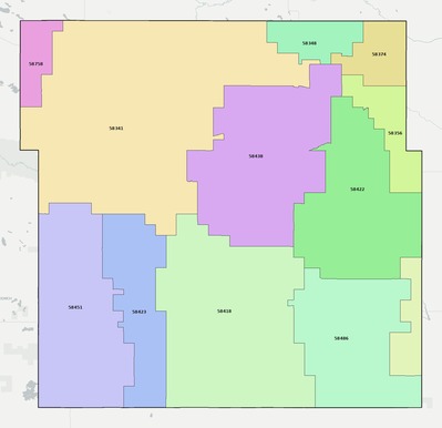Wells County ND ZIP code boundaries map