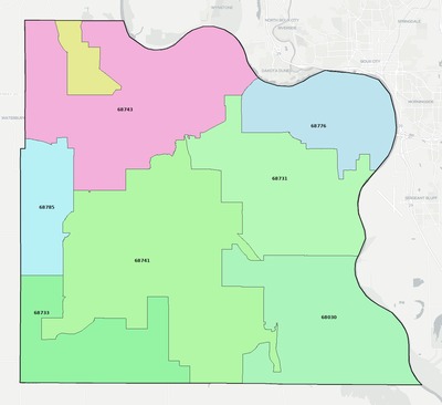 Dakota County NE ZIP code boundaries map