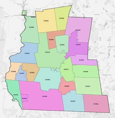 Cheshire County NH ZIP code boundaries map