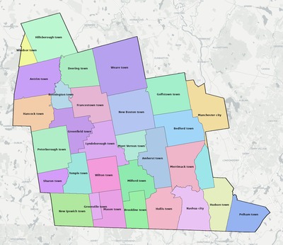 Hillsborough County NH townships and subdivisions map