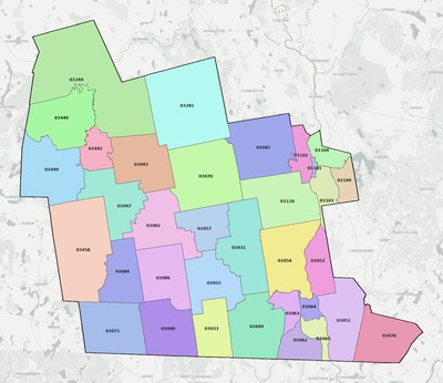 Hillsborough County NH ZIP code boundaries map