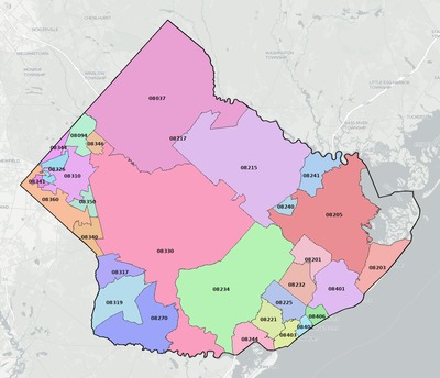 Atlantic County NJ ZIP code boundaries map
